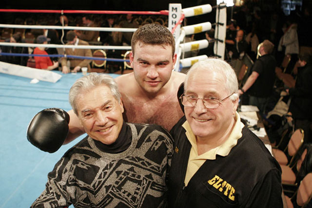Ron Ross, British/Israeli heavyweight Roman Greenberg, and his manager-trainer Jim Evans
